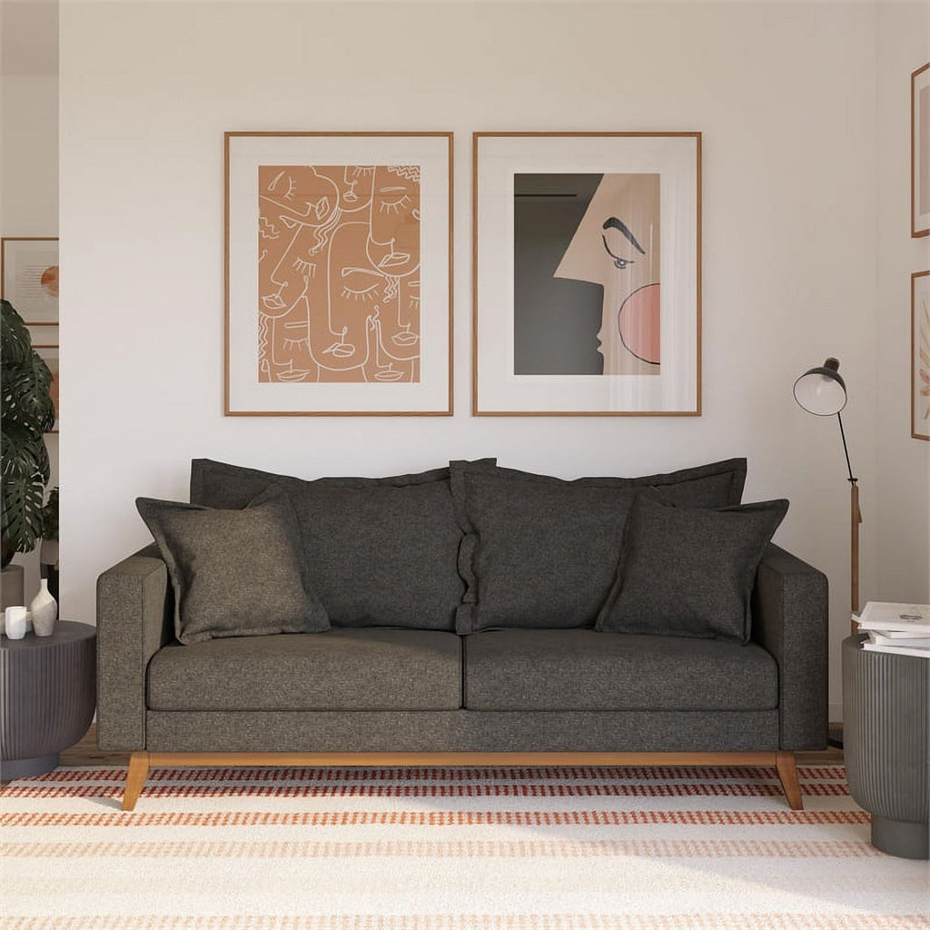 Contemporary Pillowback Wood Sofa Gray Linen B1076