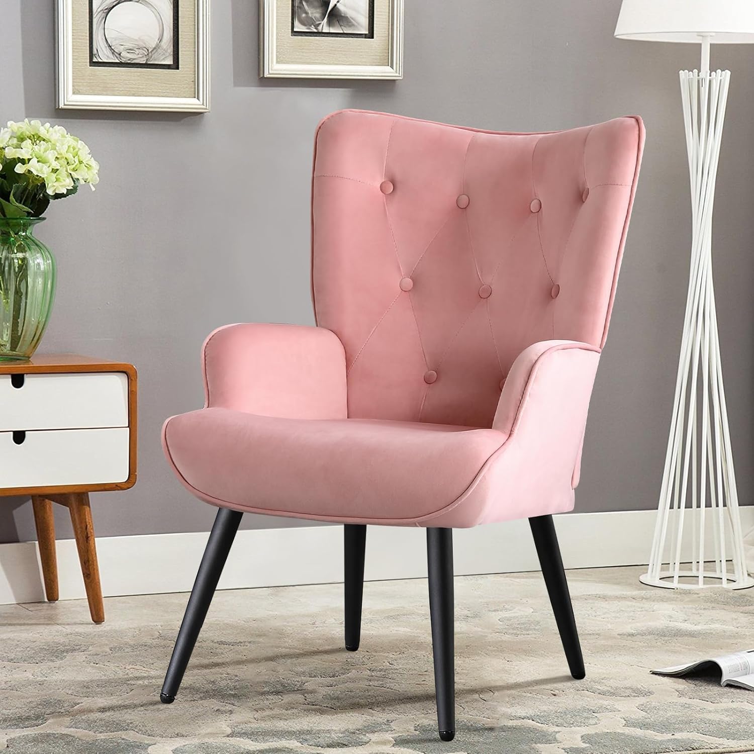 Pink Velvet Tufted Wingback Accent Chair with Solid Metal Legs O329131