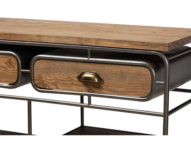 Oak Brown Wood and Black Metal 2-Drawer Kitchen Cart N62541