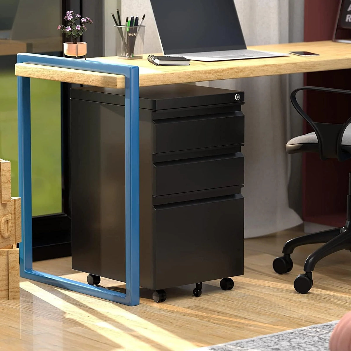 Black 3 Drawer Metal File Cabinet with Lock F135