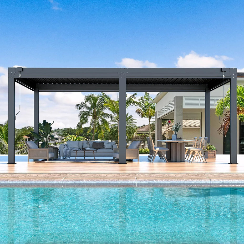 10'×20' Aluminum Louvered Pergola with 6-Panel Pull-Down Privacy Screen T4305