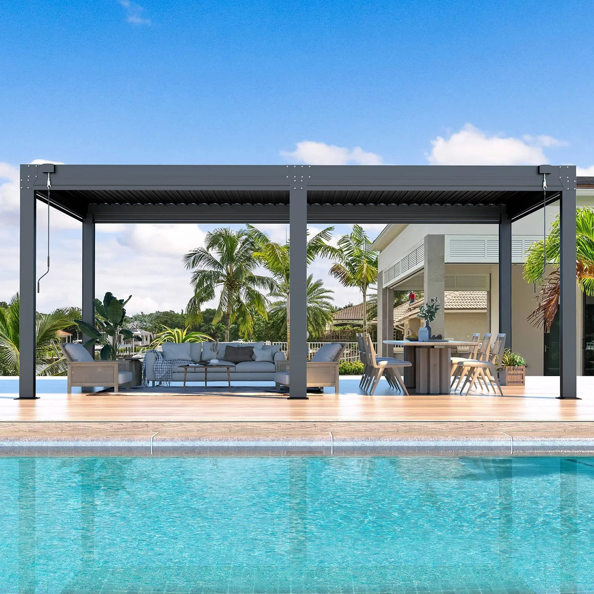 10'×20' Aluminum Louvered Pergola with 6-Panel Pull-Down Privacy Screen T4305