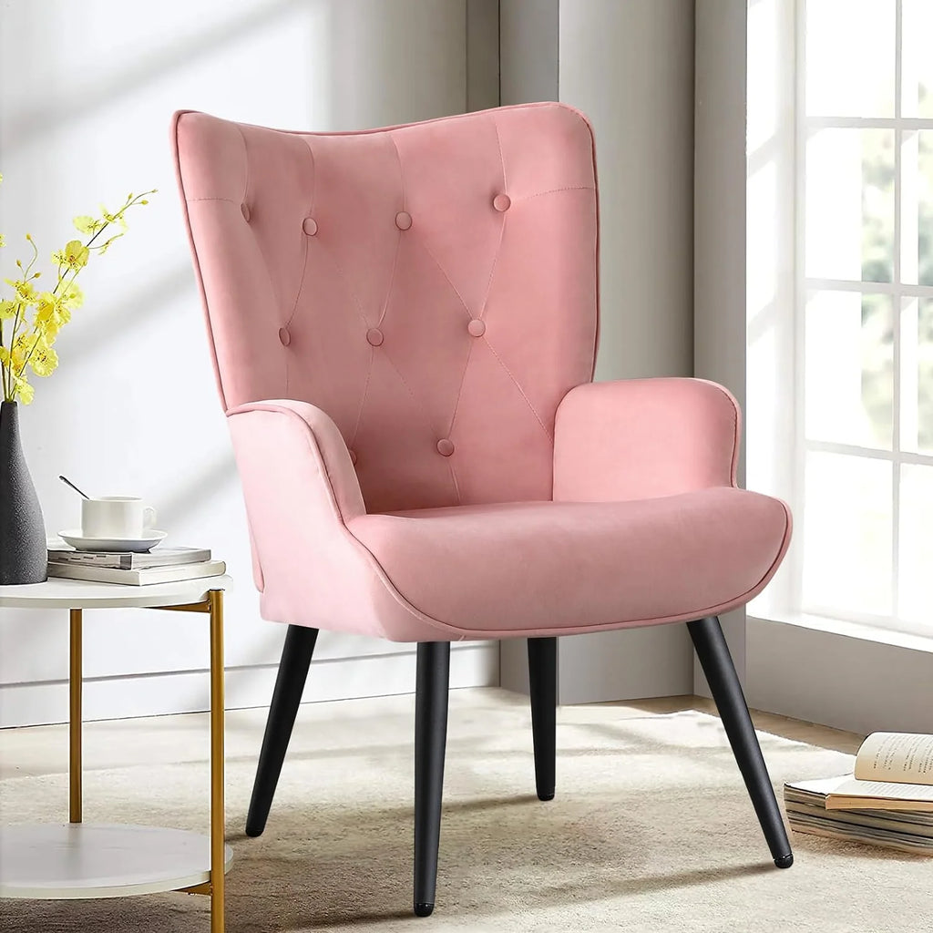 Pink Velvet Tufted Wingback Accent Chair with Solid Metal Legs O329131