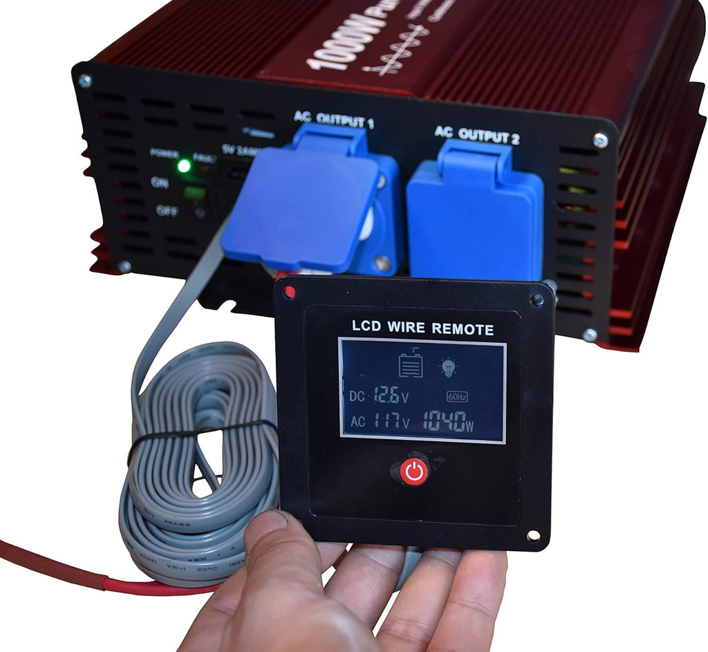 2000W Pure Sine Wave Inverter 12V to 120V AC with 2 AC Outlets, DC5V 2 Amp USB Output, LCD Wire Remote Kit and OFC Battery Cables E120