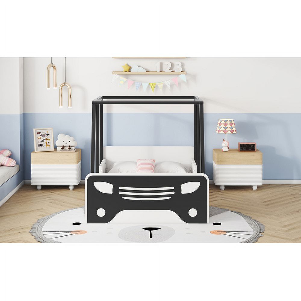 Black Wooden Twin Car-shaped Bed with Roof, Wheels, and Door Z90349