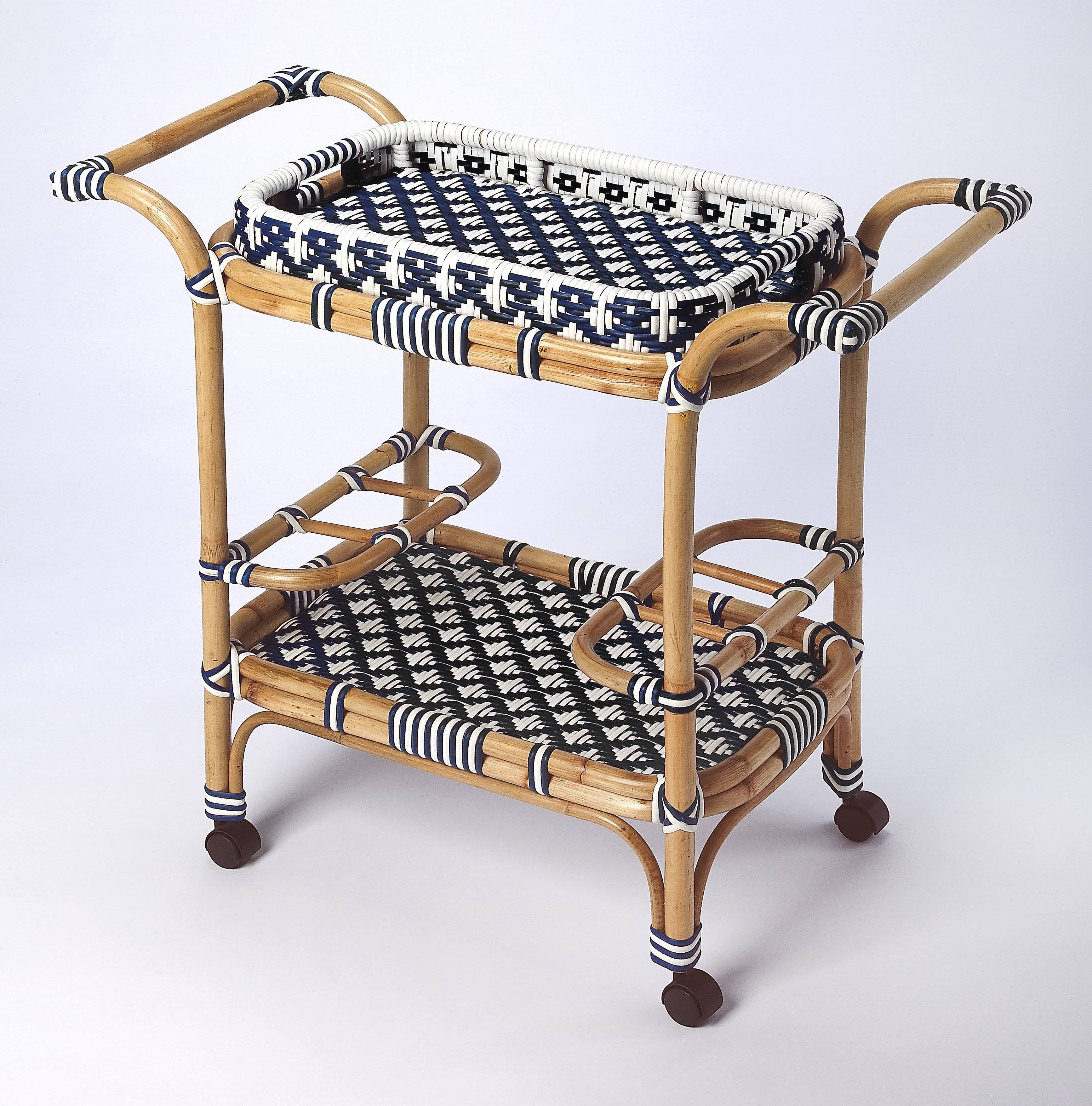 Blue & White Rattan Bar Cart K86822