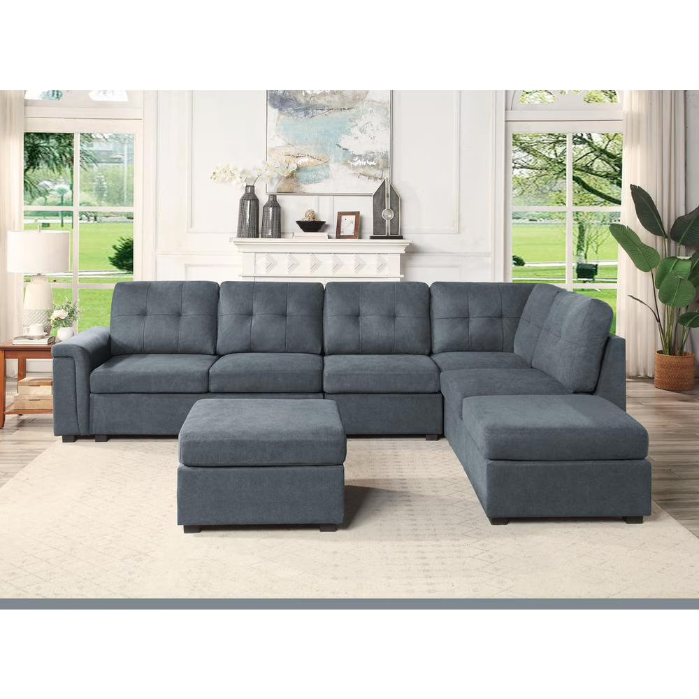 Gray Woven Fabric 7-Seater Sectional Sofa with Ottomans I334