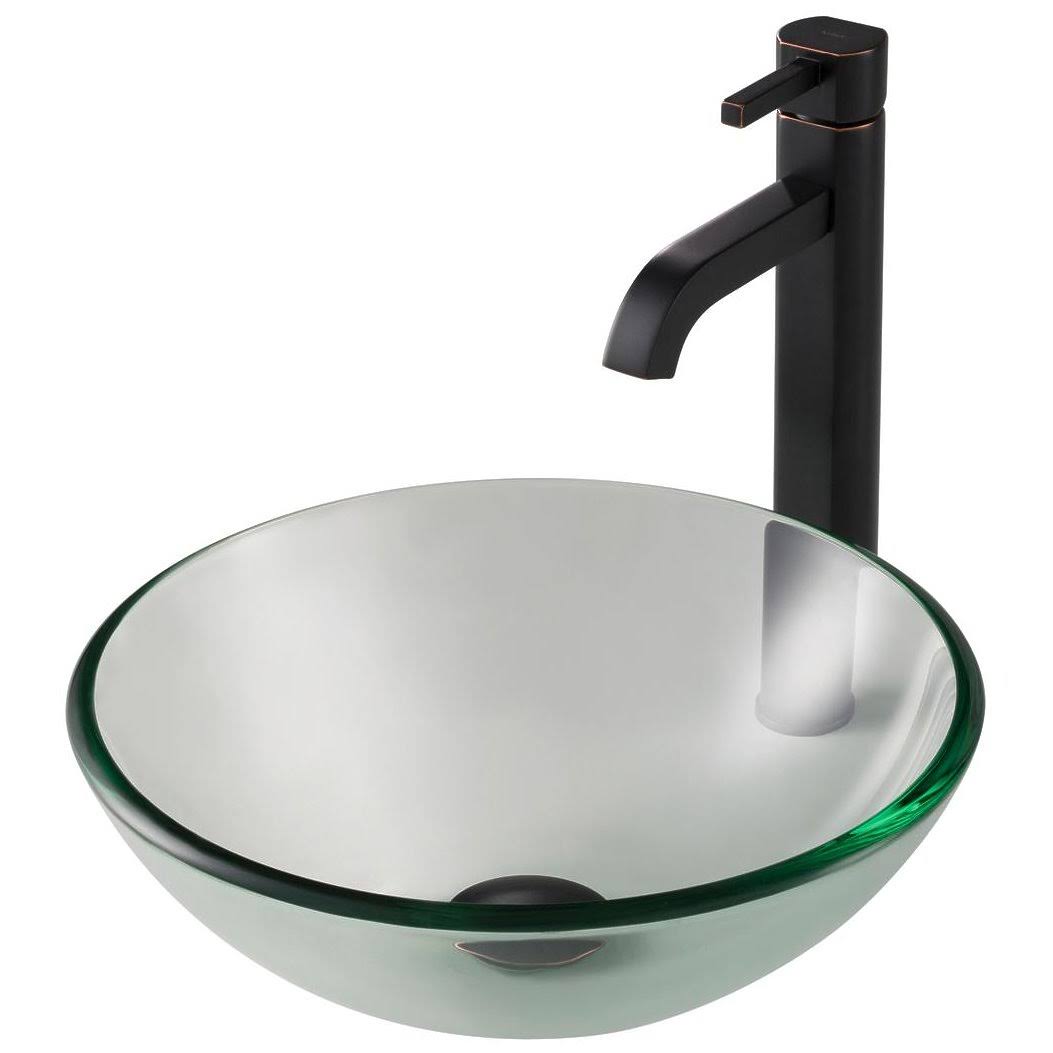 14 in. Clear Glass Bathroom Vessel Sink with Pop-Up Drain Oil Rubbed I1602