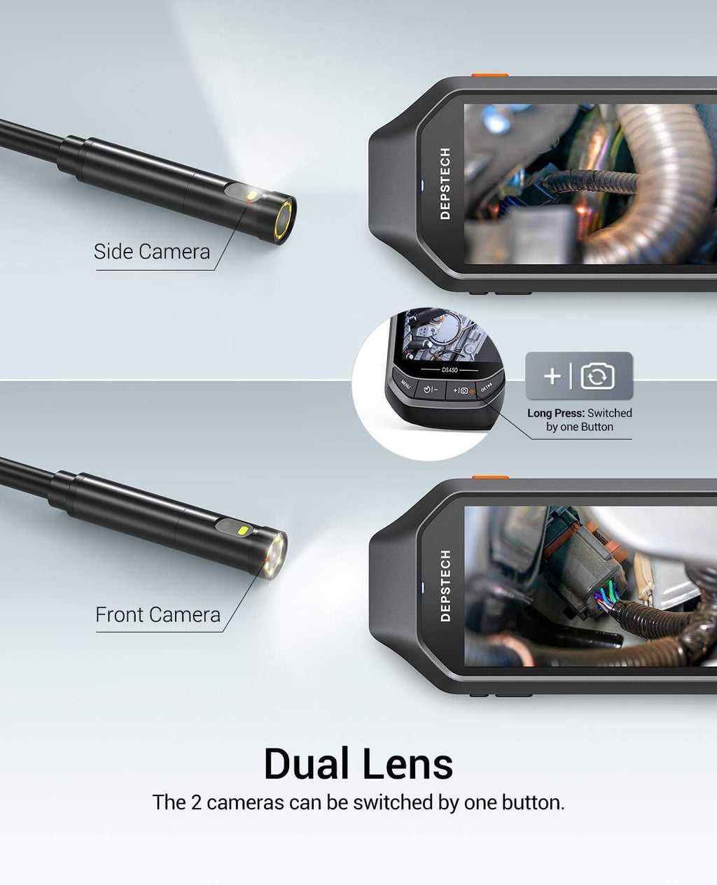 Dual-Lens 1080P HD Inspection Camera with Light, 7.9mm Industrial Borescope IP67 Waterproof, 16.5ft Semi-Rigid Cable H50438