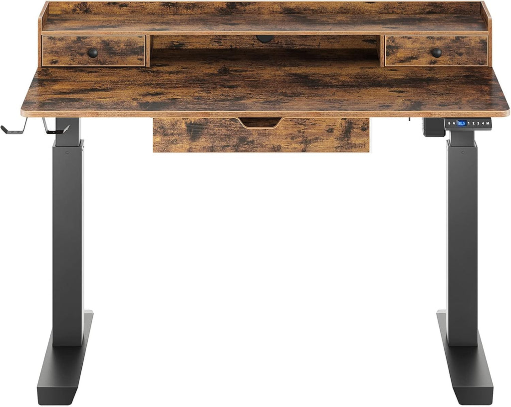 Rustic Brown Electric Standing Desk with Drawers and Monitor Shelf M55765