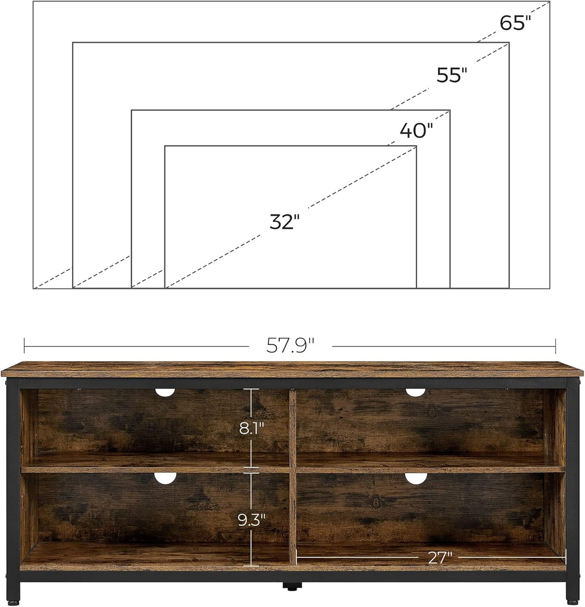 Rustic Brown and Black TV Stand with 4 Cubby and Adjustable Shelves R467