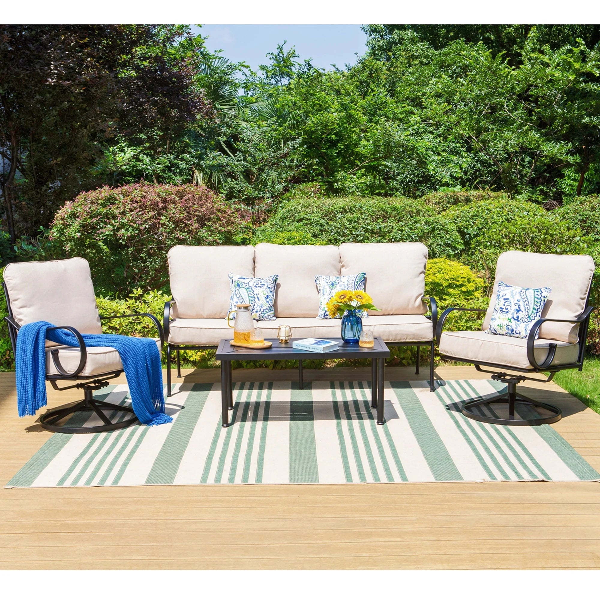 4-Piece Outdoor Conversation Set with 3-Seat Sofa & Two Swivel Chairs, Black & Beige N7636