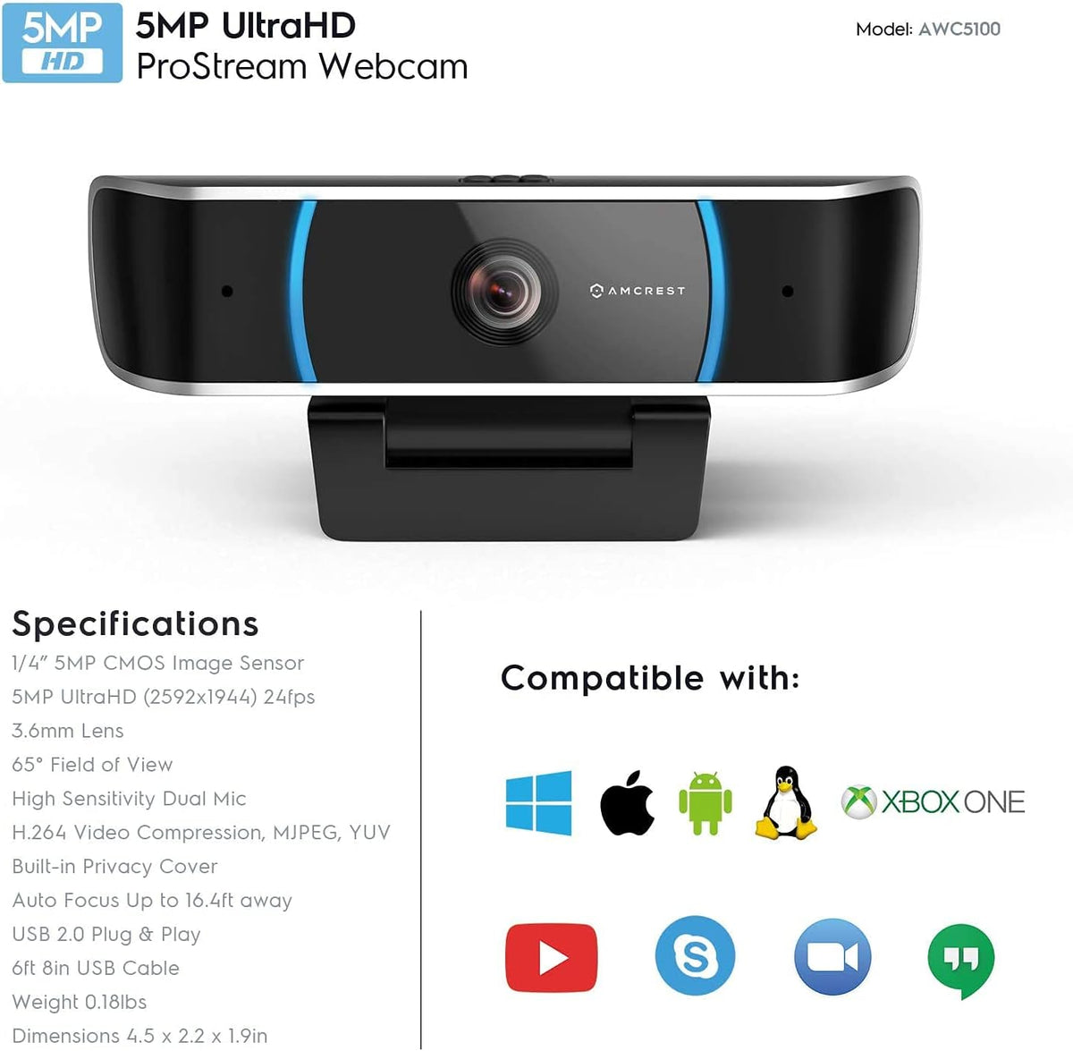 5-Megapixel USB Webcam with Microphone and Wide Angle Lens N13067