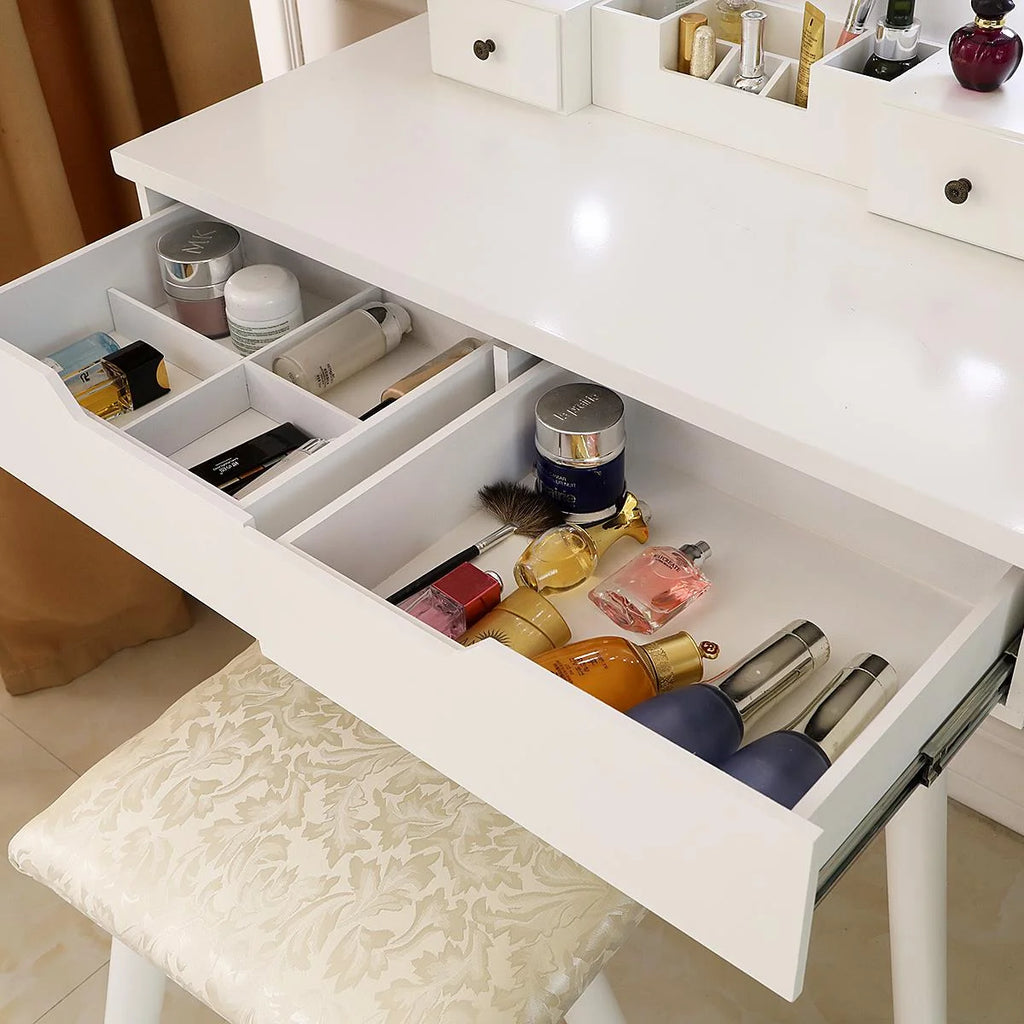 White Round Makeup Vanity Table with Lighted Mirror and Cushioned Stool D228