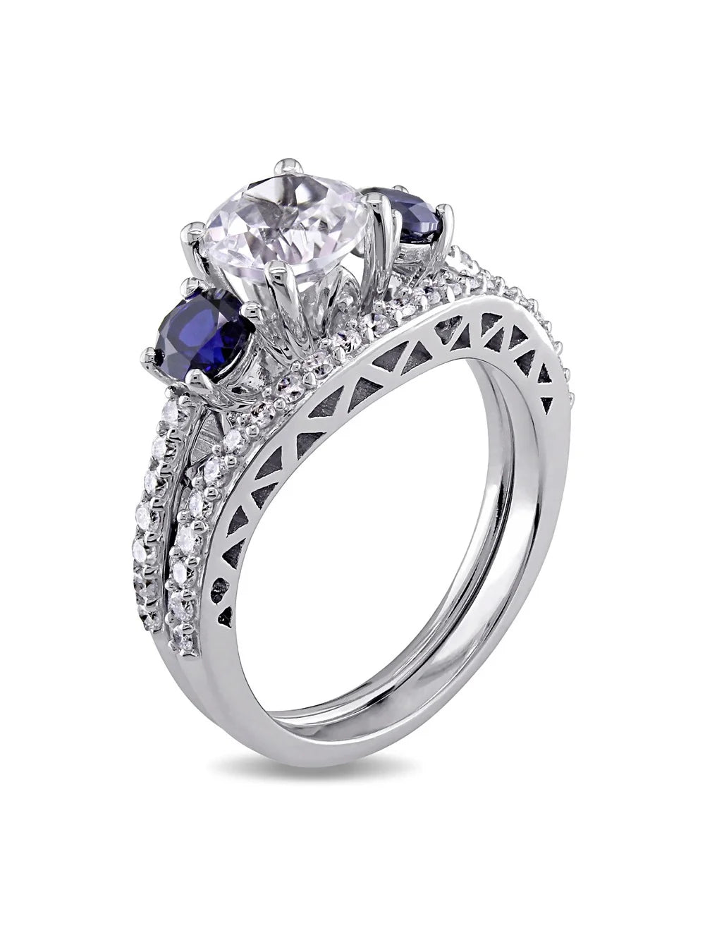 Created White & Created Blue Sapphire 2 Carat (Ctw) with Diamond 1/3 Carat (Ctw) Engagement Ring and Bridal Wedding Set 10K White Gold R490