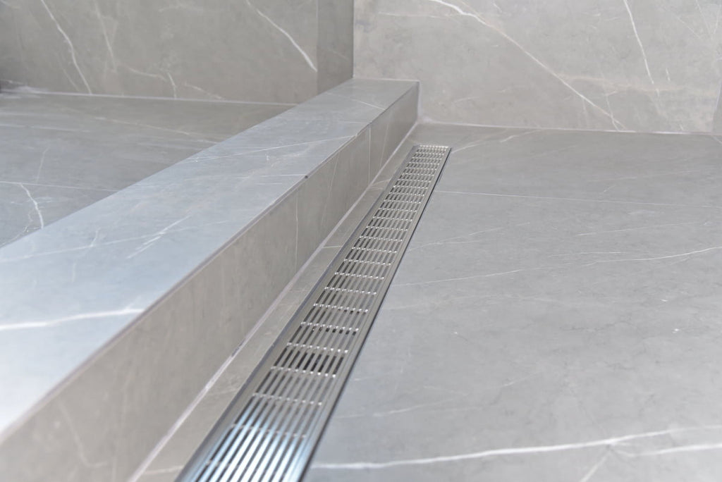 Linear Shower Drain Offset Side Outlet Extra Thick 6 Gauge Brushed 304 Stainless Steel Rectangle Floor Drain Set O873406