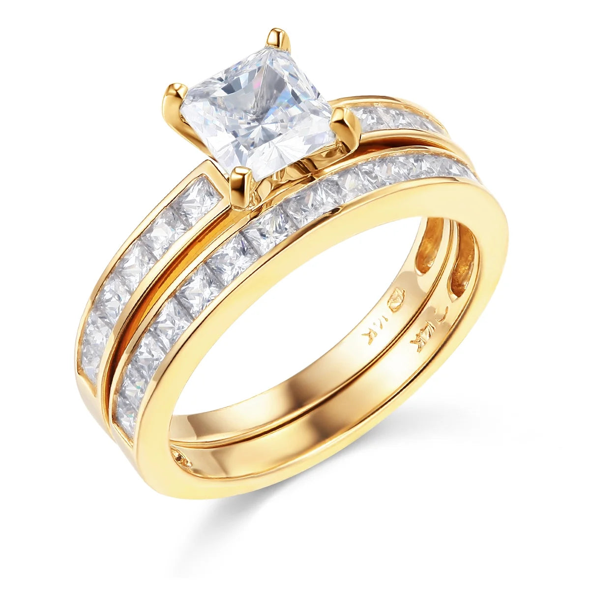 14k Yellow Gold CZ Princess Cut Engagement Ring Bridal Set - Size 9 D3016
