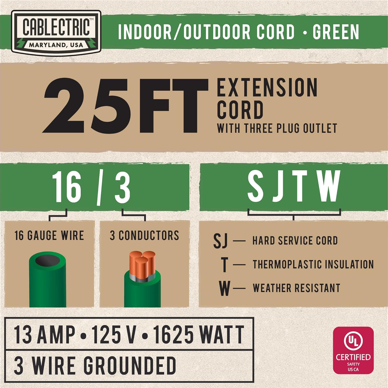 50 Ft Outdoor Extension Cord with 3 Power Outlets, 16/3 SJTW Heavy Duty Yellow Lighted Cable H835