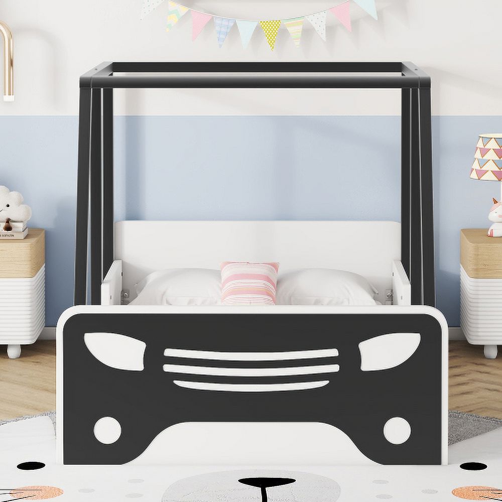 Black Wooden Twin Car-shaped Bed with Roof, Wheels, and Door Z90349