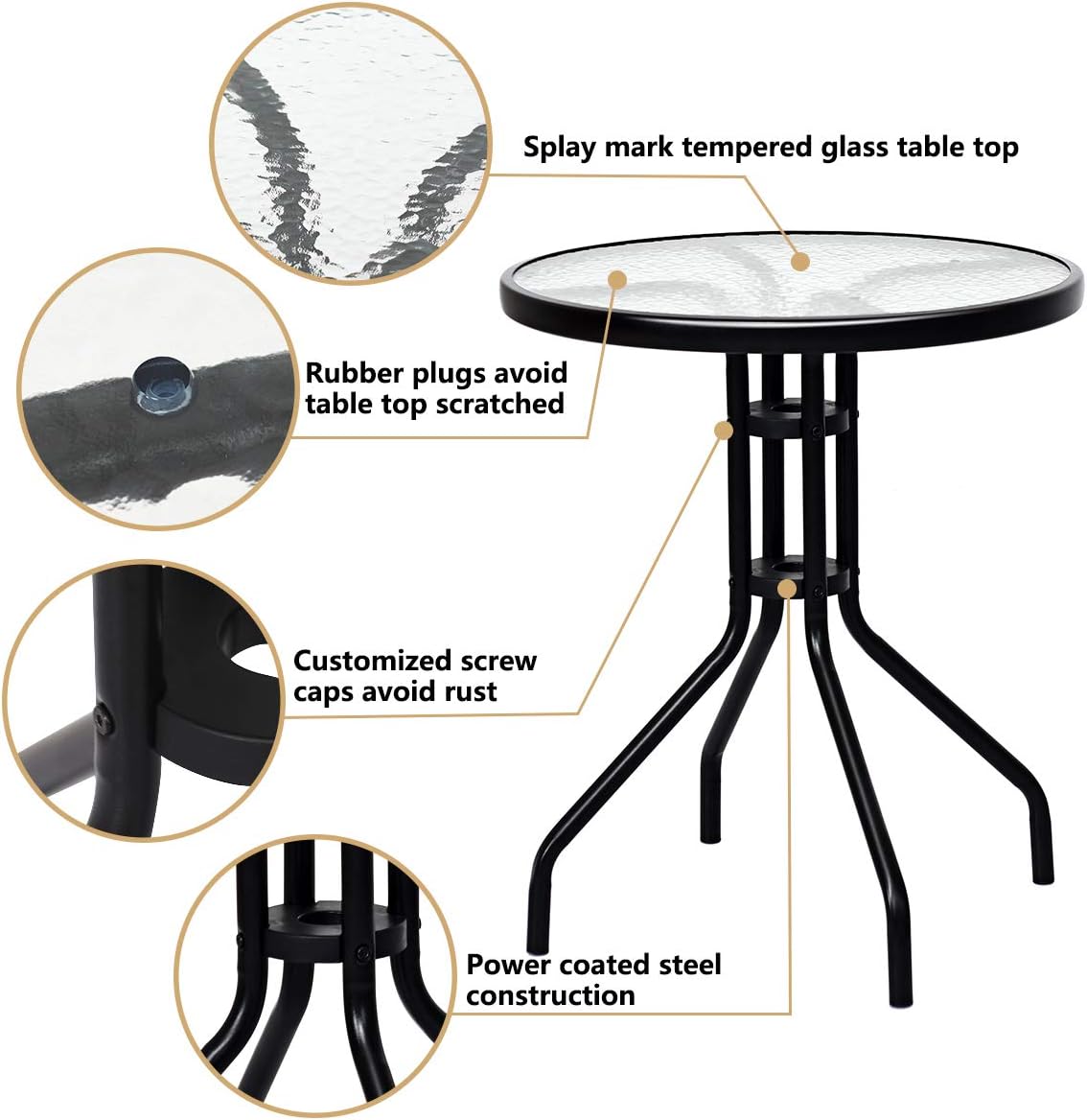 3-Piece Patio Bistro Set with Round Tempered Glass Table and 2 Foldable Chairs N376722