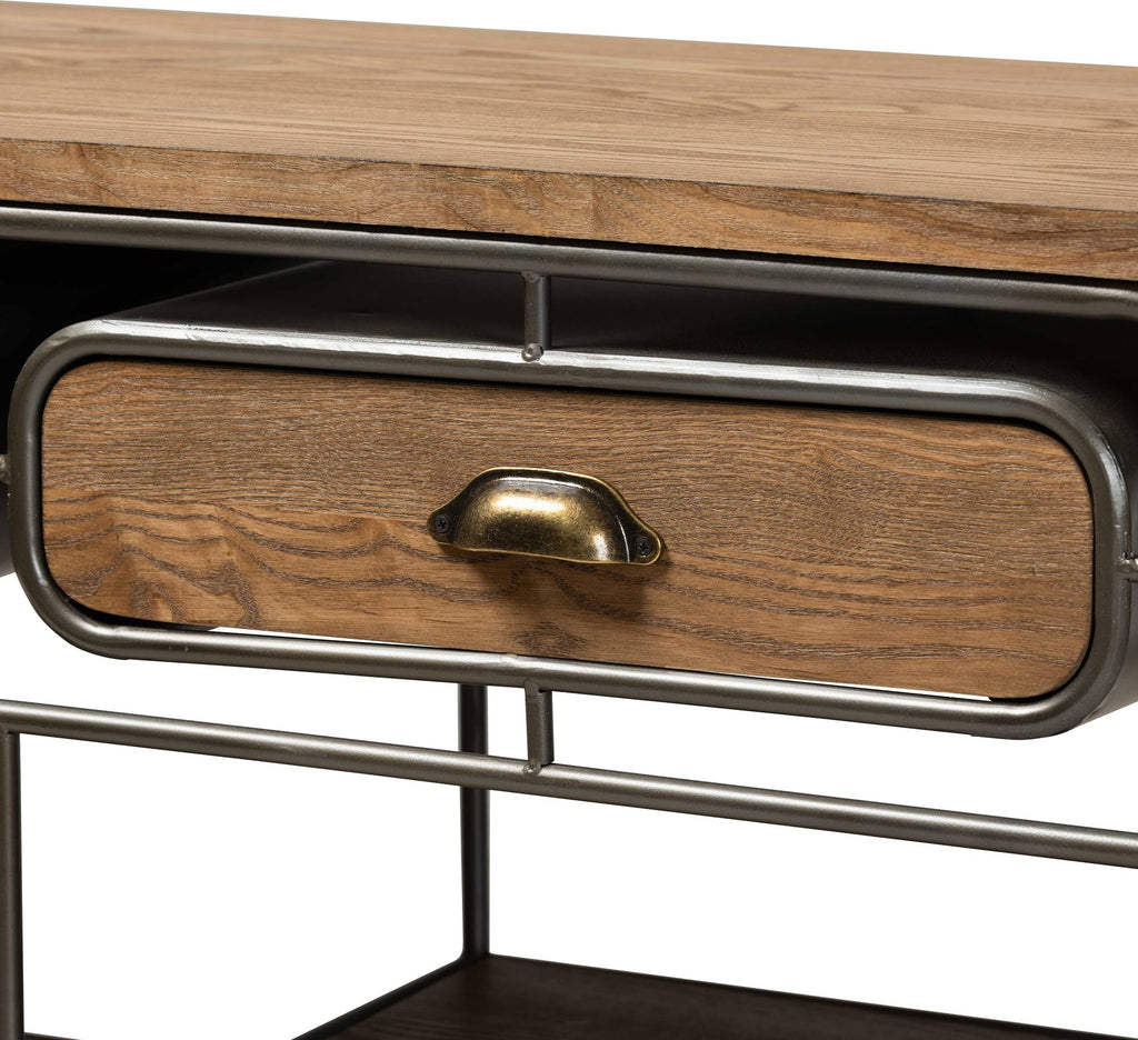 Oak Brown Wood and Black Metal 2-Drawer Kitchen Cart N62541