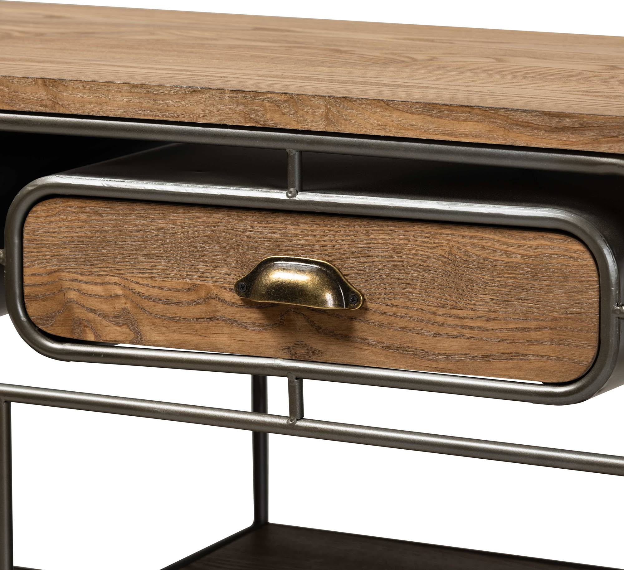 Oak Brown Wood and Black Metal 2-Drawer Kitchen Cart N62541