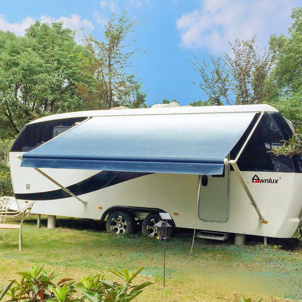 White Manual Modular Retractable RV Awning Full Set Assemblies, 15x8 Ft, Blue Strip T677