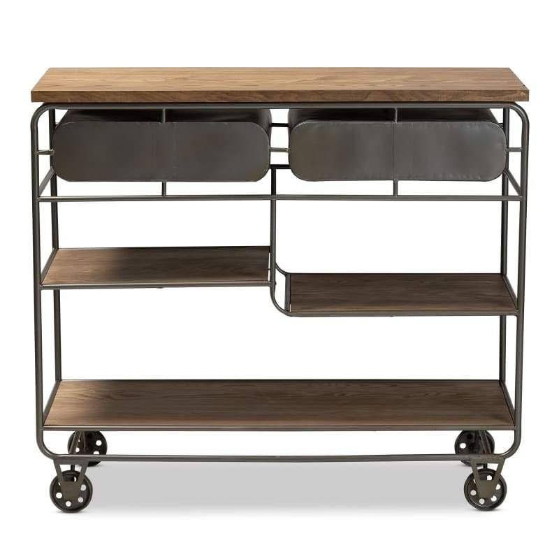 Oak Brown Wood and Black Metal 2-Drawer Kitchen Cart N62541