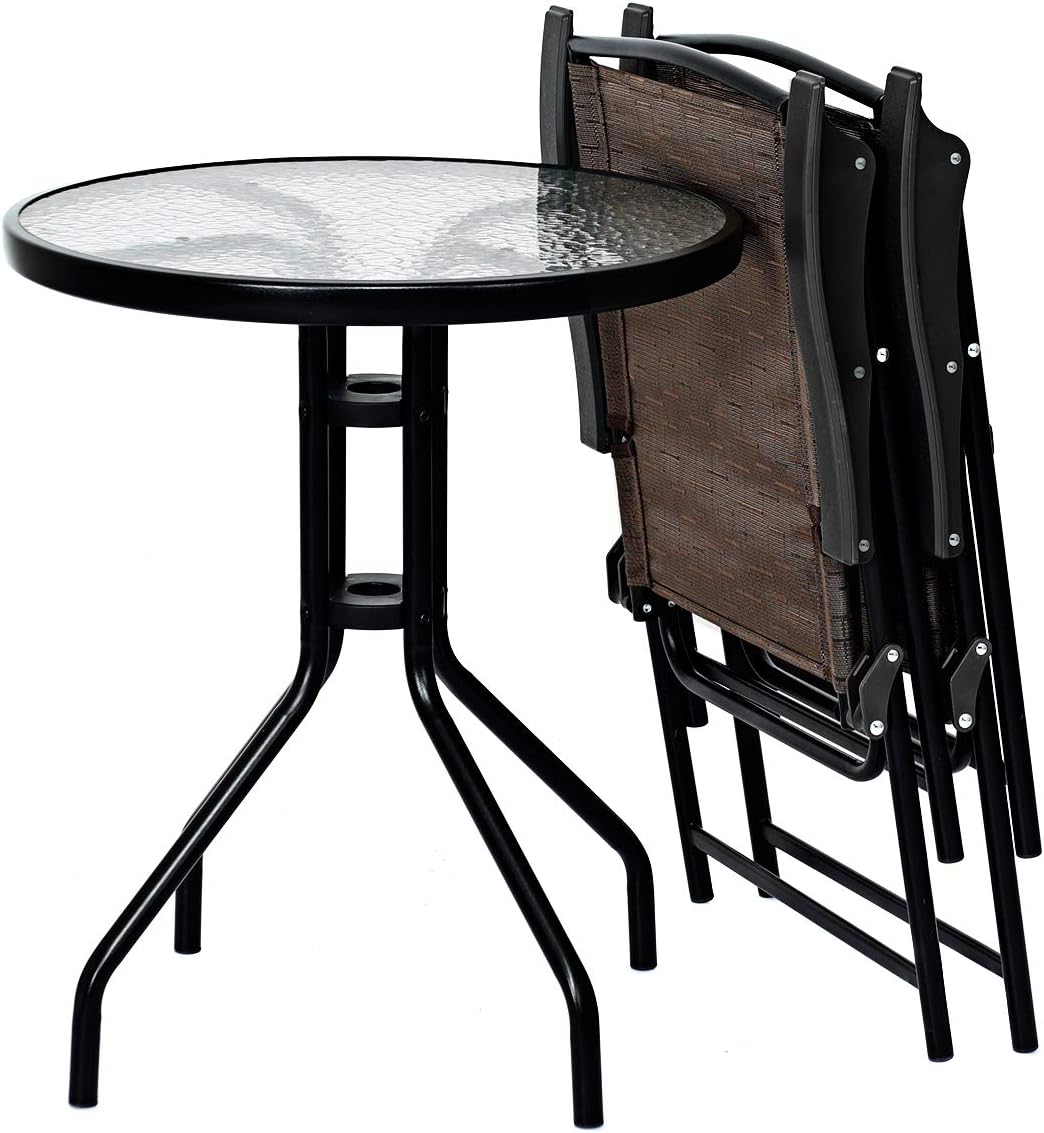 3-Piece Patio Bistro Set with Round Tempered Glass Table and 2 Foldable Chairs N376722