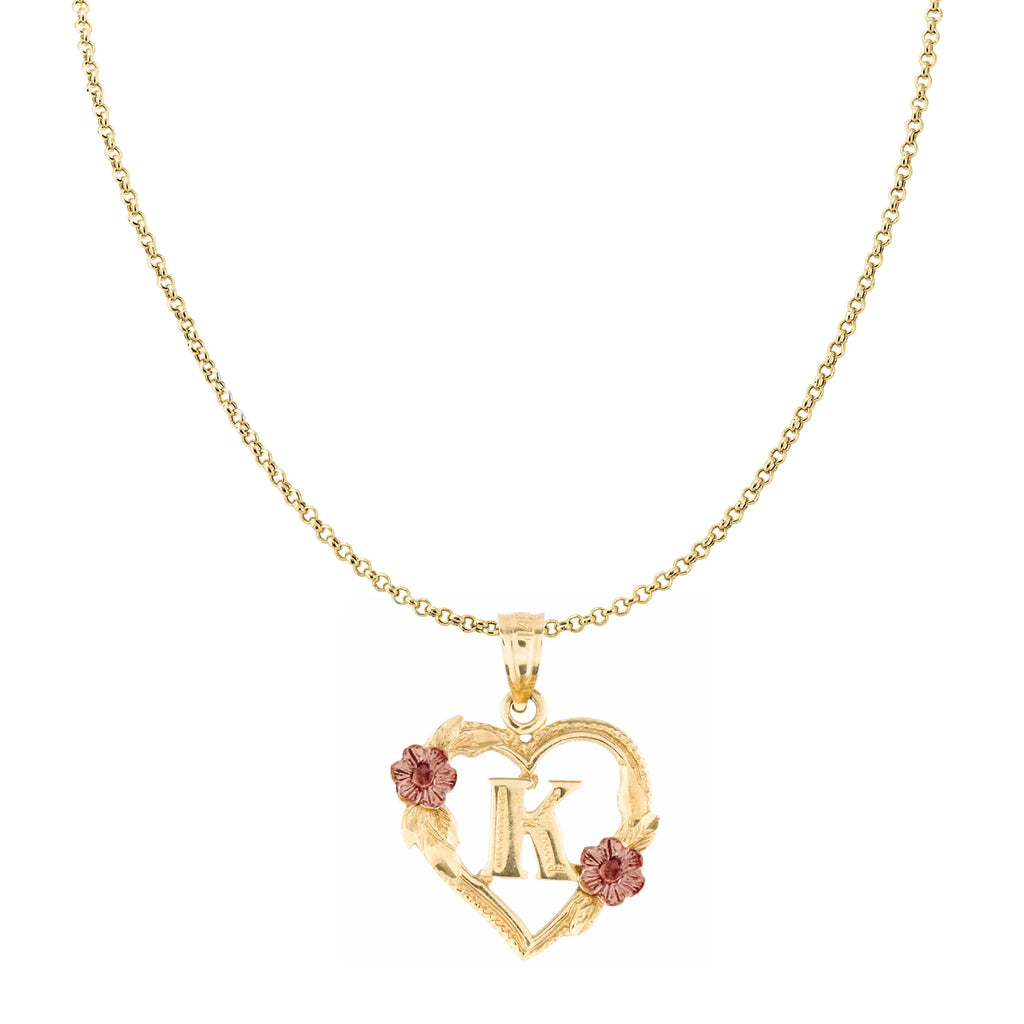 14K Two-Tone Gold Flower and Heart-Shaped Initial Pendant with 16" Chain Necklace K578570