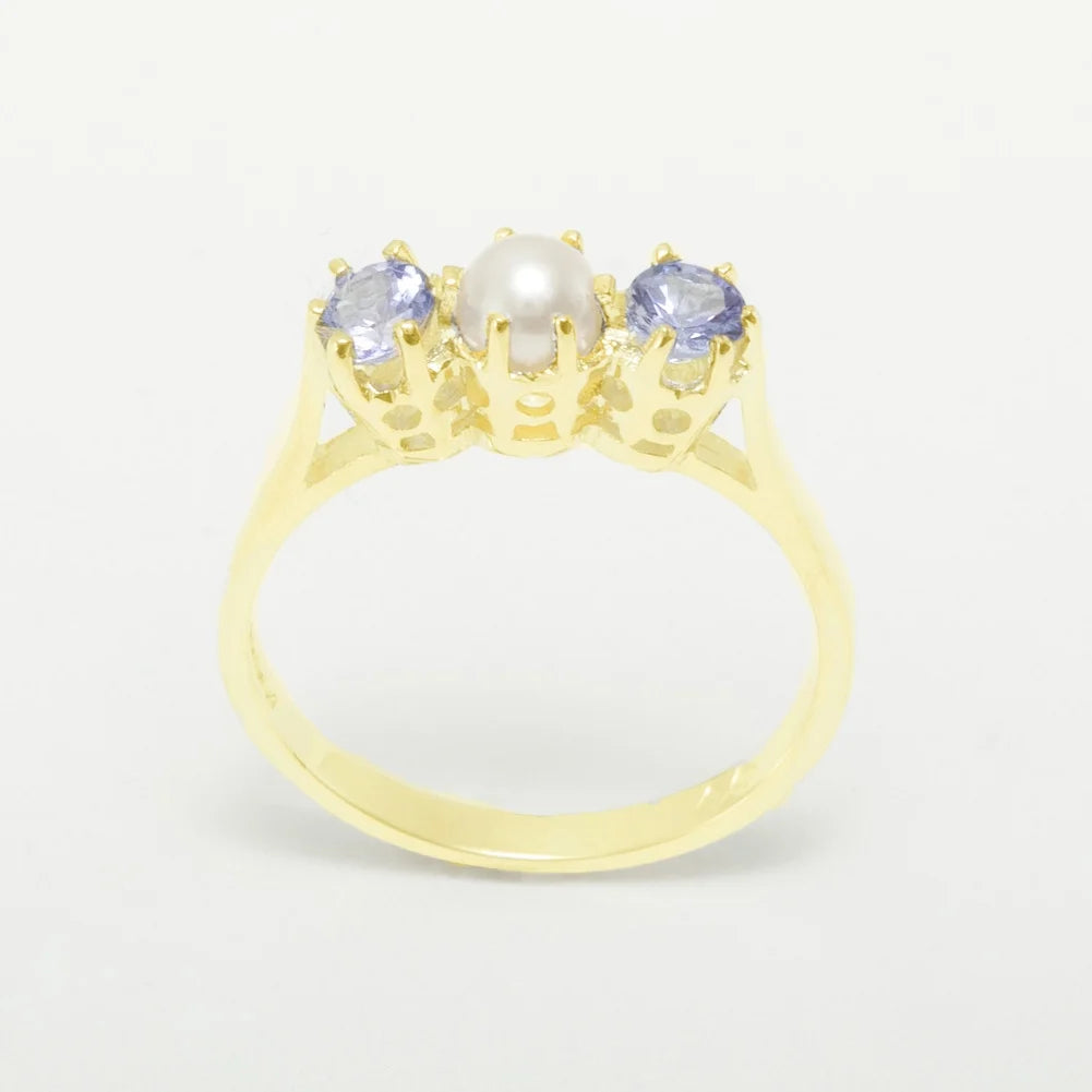 9k Yellow Gold Cultured Pearl & Tanzanite Womens Ring Z987