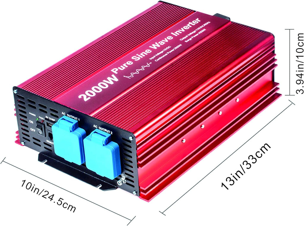 2000W Pure Sine Wave Inverter 12V to 120V AC with 2 AC Outlets, DC5V 2 Amp USB Output, LCD Wire Remote Kit and OFC Battery Cables E120