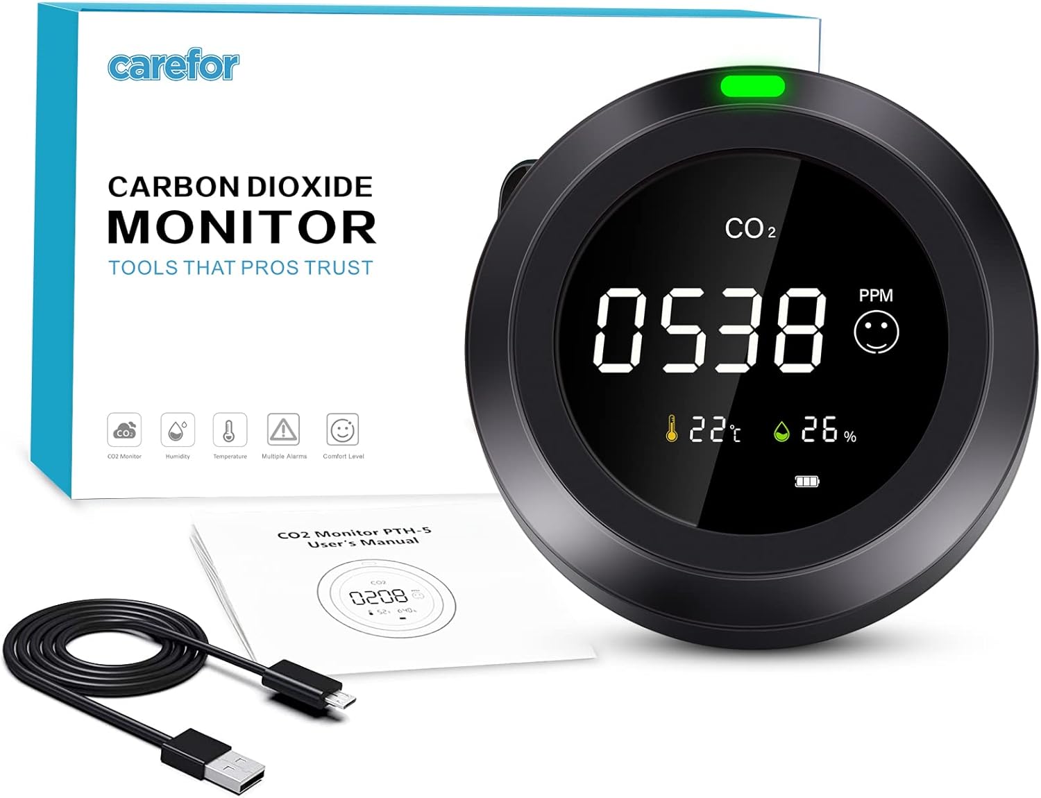 CO2 Monitor, 3 in 1 Carbon Dioxide Detector, Temperature, Humidity, Air Quality Monitor, Pack of 2 W83619