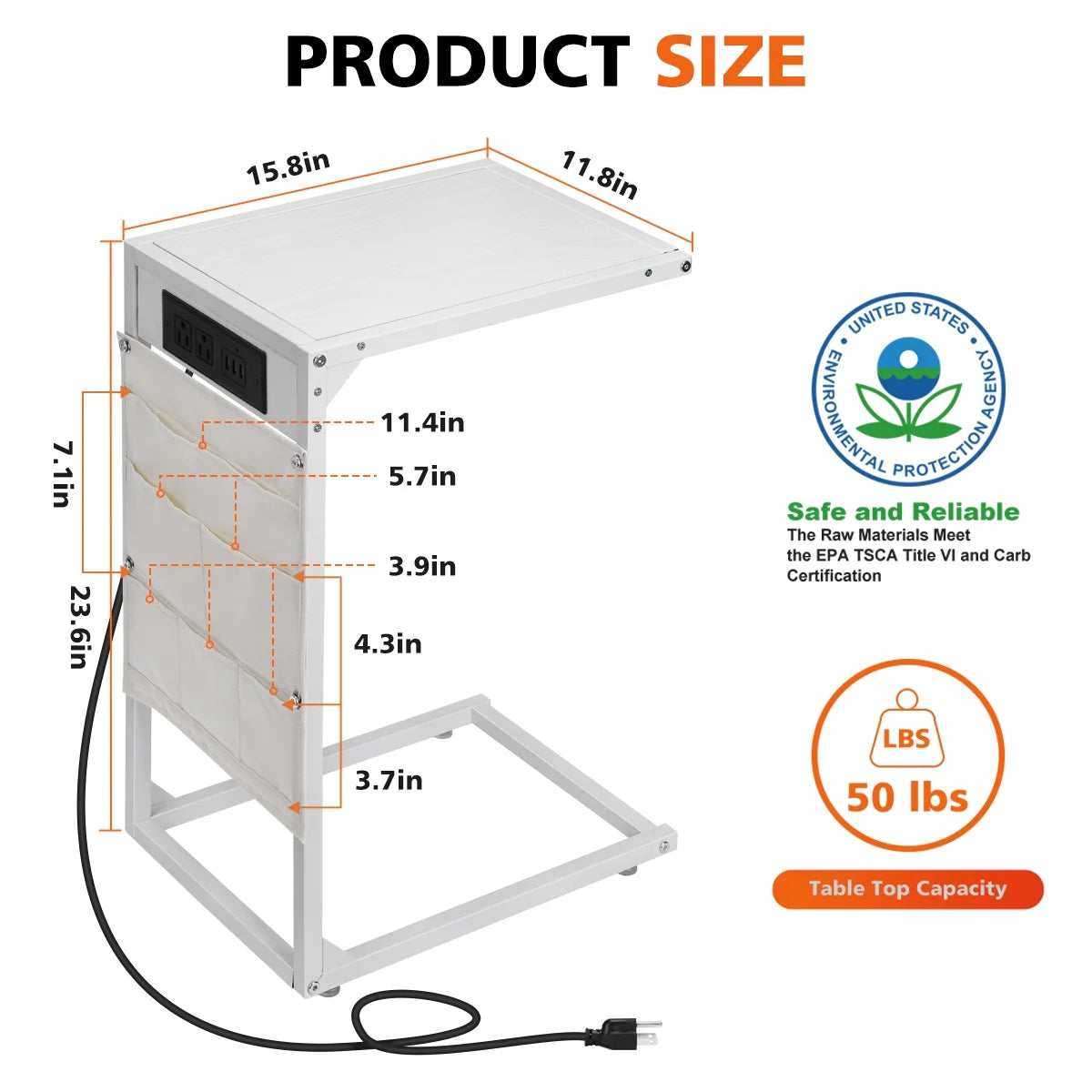 White C Shaped Side Table with Charging Station F489959