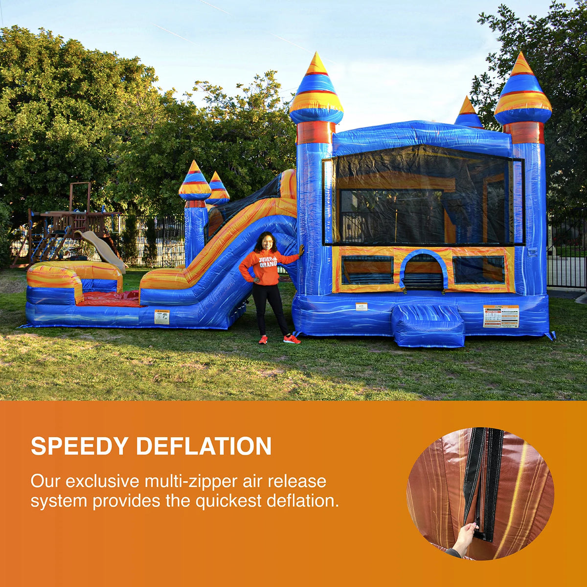 Inflatable Bounce with Two Slides, Heavy Duty Blower, Stakes and Storage X60577