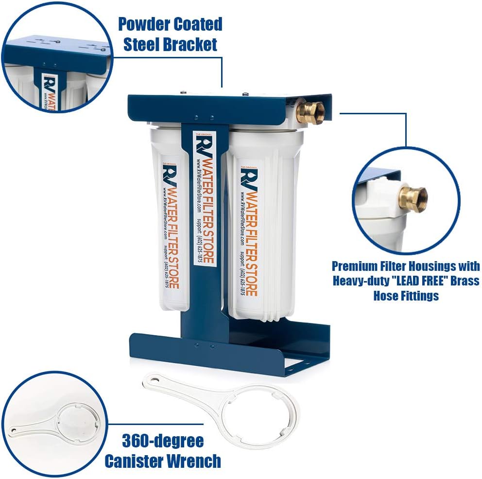 RV Water Filter System with Universal Blue Cage Mounting Bracket and Brass Hose Fittings F1733
