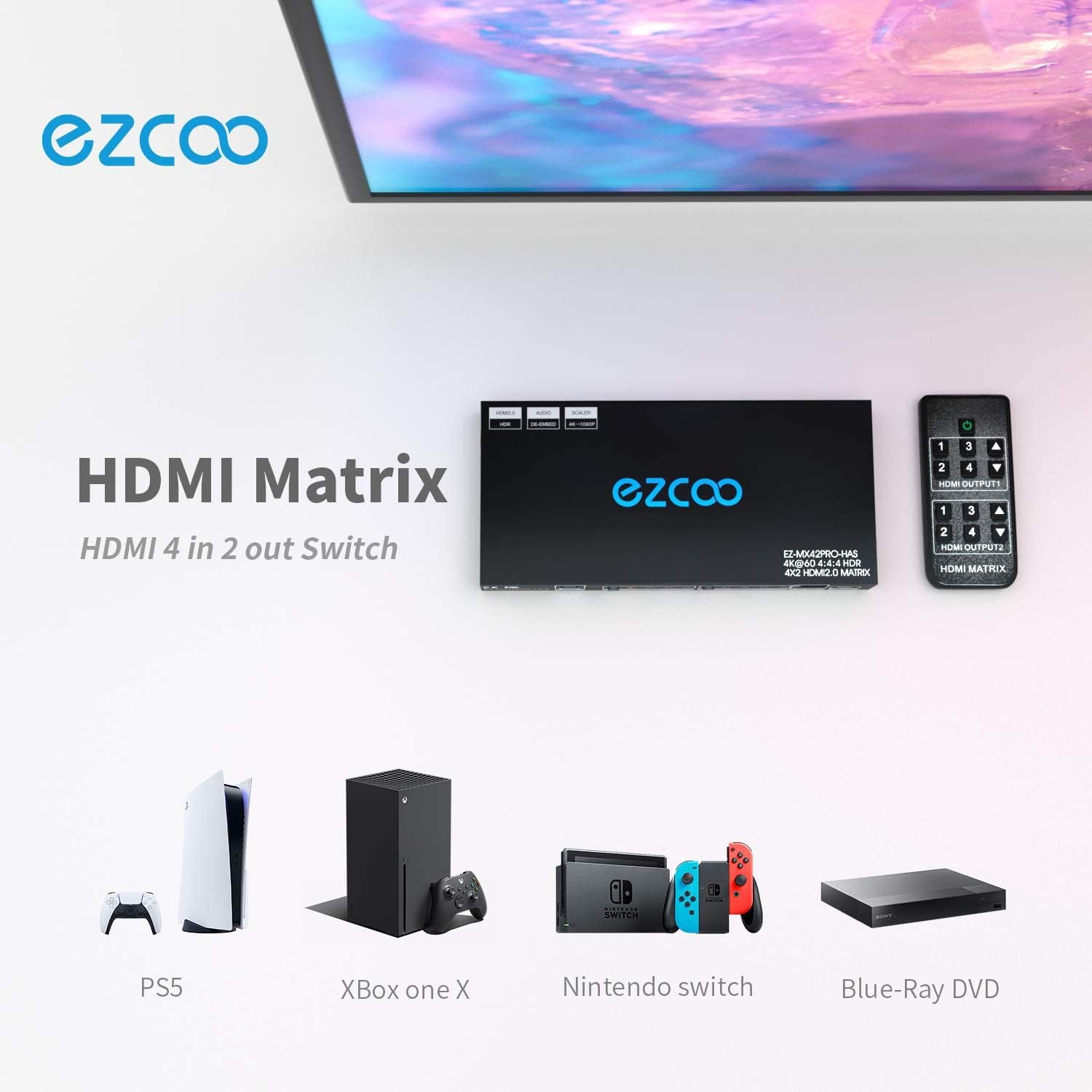 HDMI Matrix 4 In 2 Out 4K 60Hz HDR 10 SPDIF 5.1CH Audio Extractor G4363
