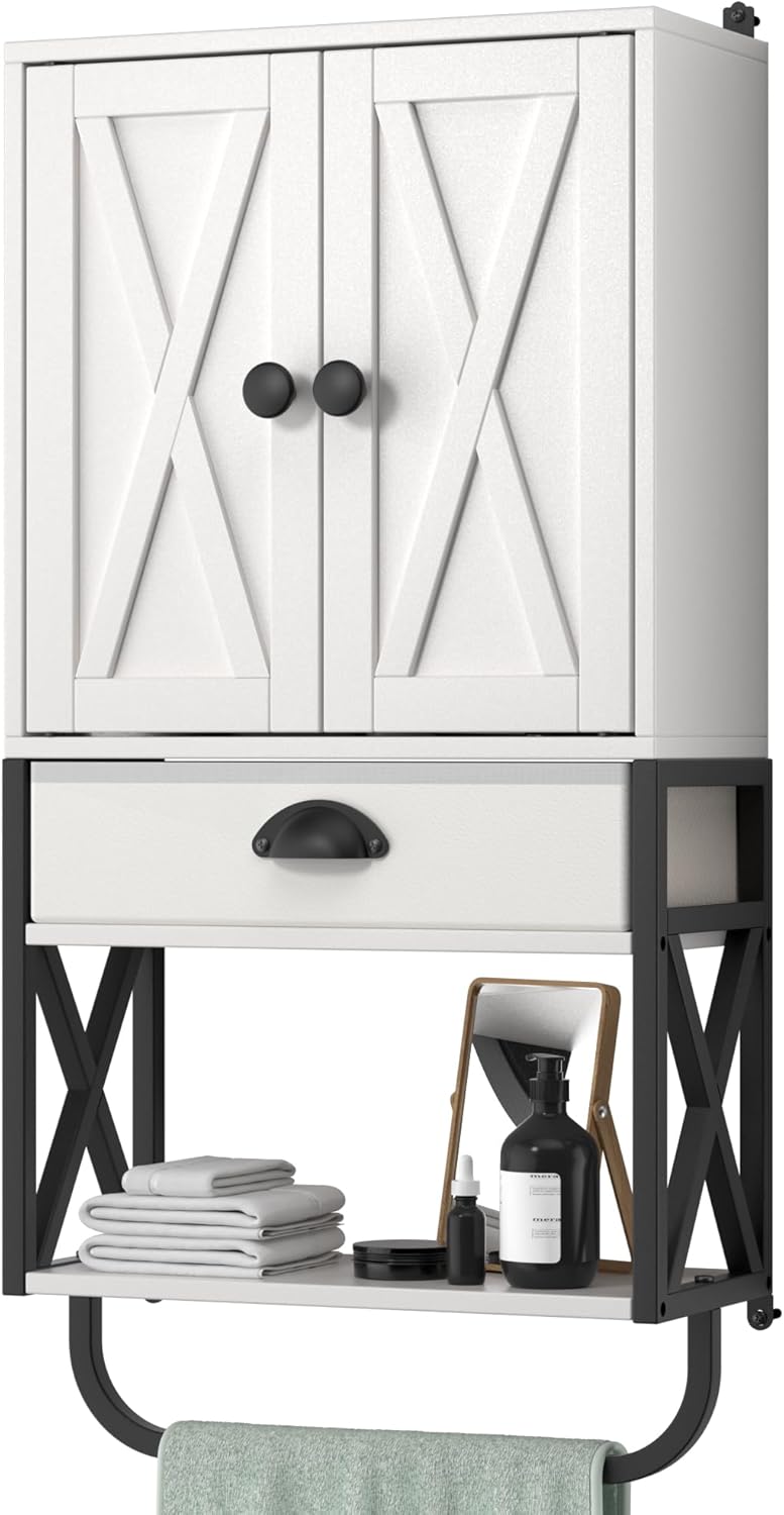 White 3-Tier Wooden Wall Cabinet with 2 Door and Adjustable Shelf R295
