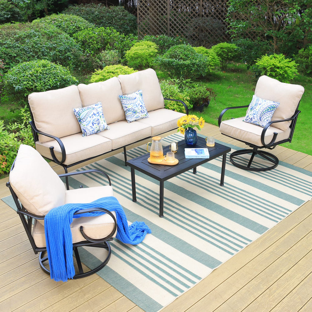 4-Piece Outdoor Conversation Set with 3-Seat Sofa & Two Swivel Chairs, Black & Beige N7636