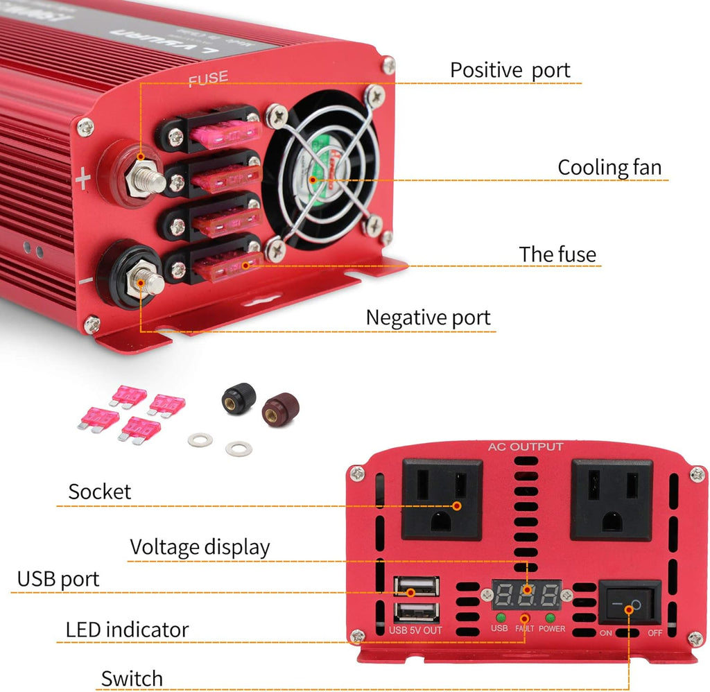 1500W Power Inverter Dual AC Outlets Dual USB DC 24V to 110V AC Car Inverter with Digital Display Z1953