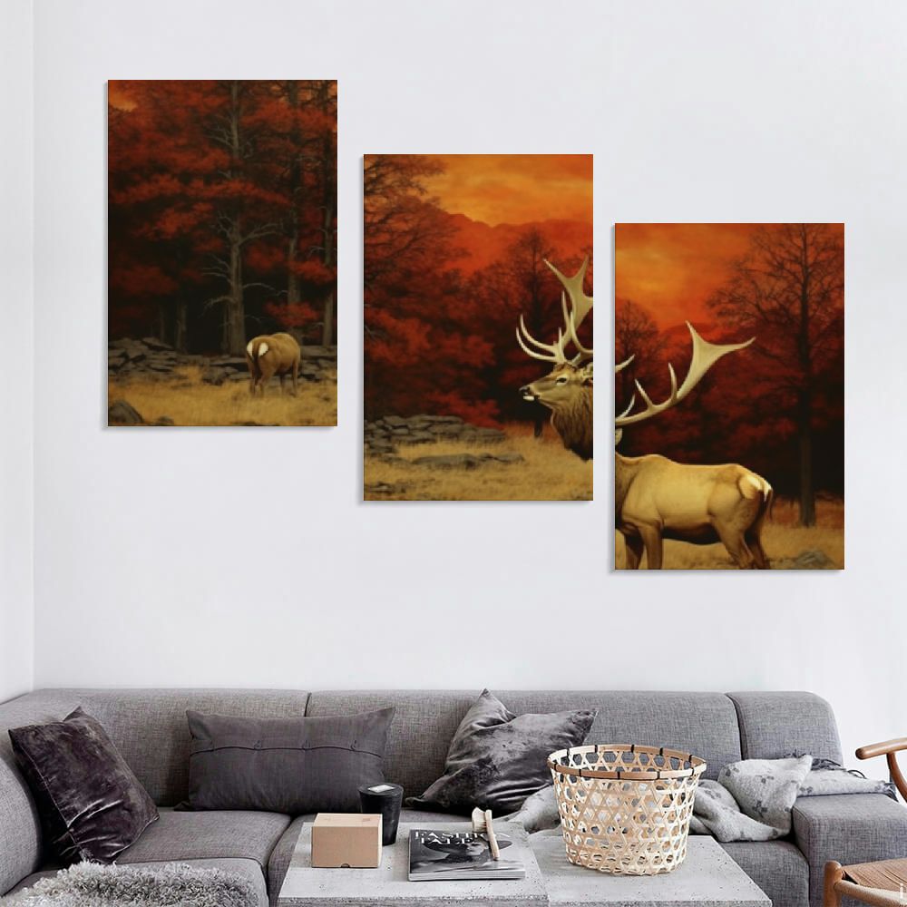 Deer Elk Forest Canvas Wall Art Painting Prints 12''x16'' 3 Panels M746757