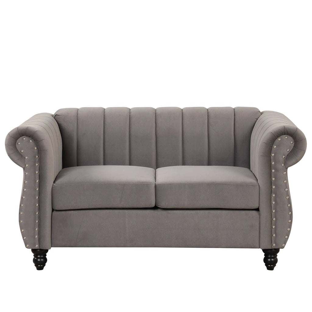 Gray Buttoned Tufted Sofa with Solid Wood Legs D6134