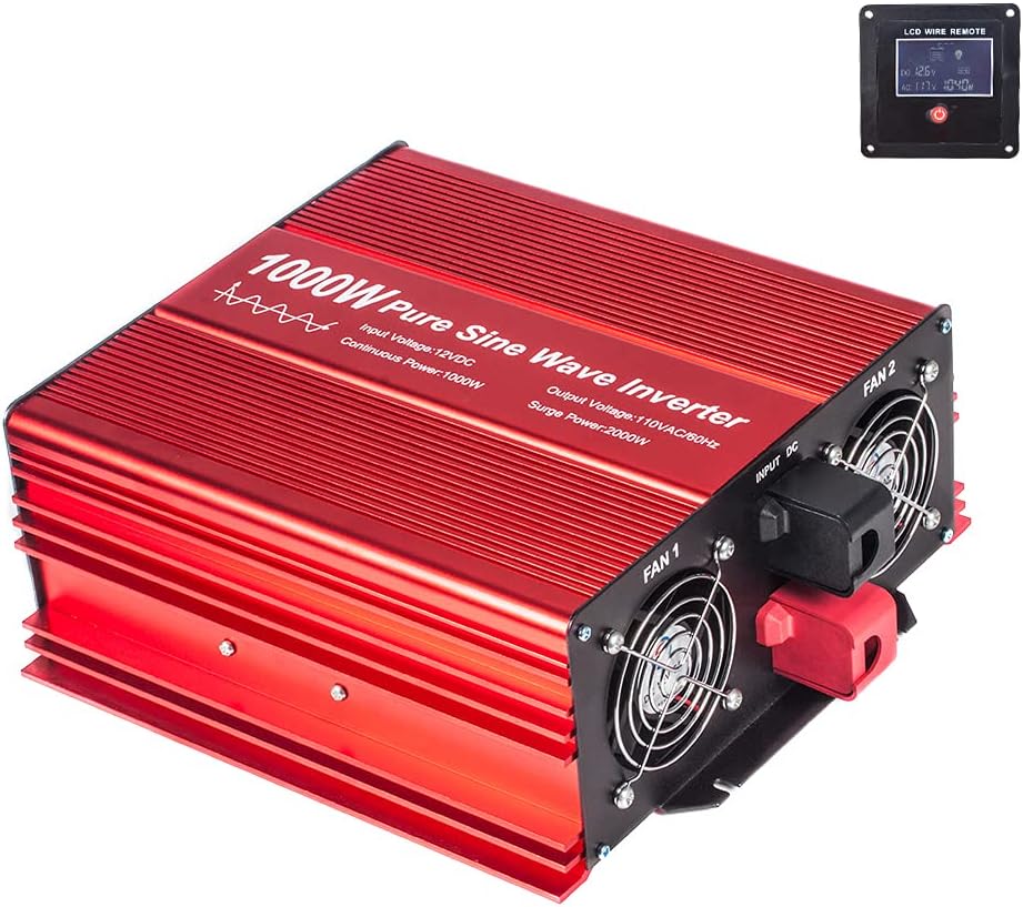 2000W Pure Sine Wave Inverter 12V to 120V AC with 2 AC Outlets, DC5V 2 Amp USB Output, LCD Wire Remote Kit and OFC Battery Cables E120