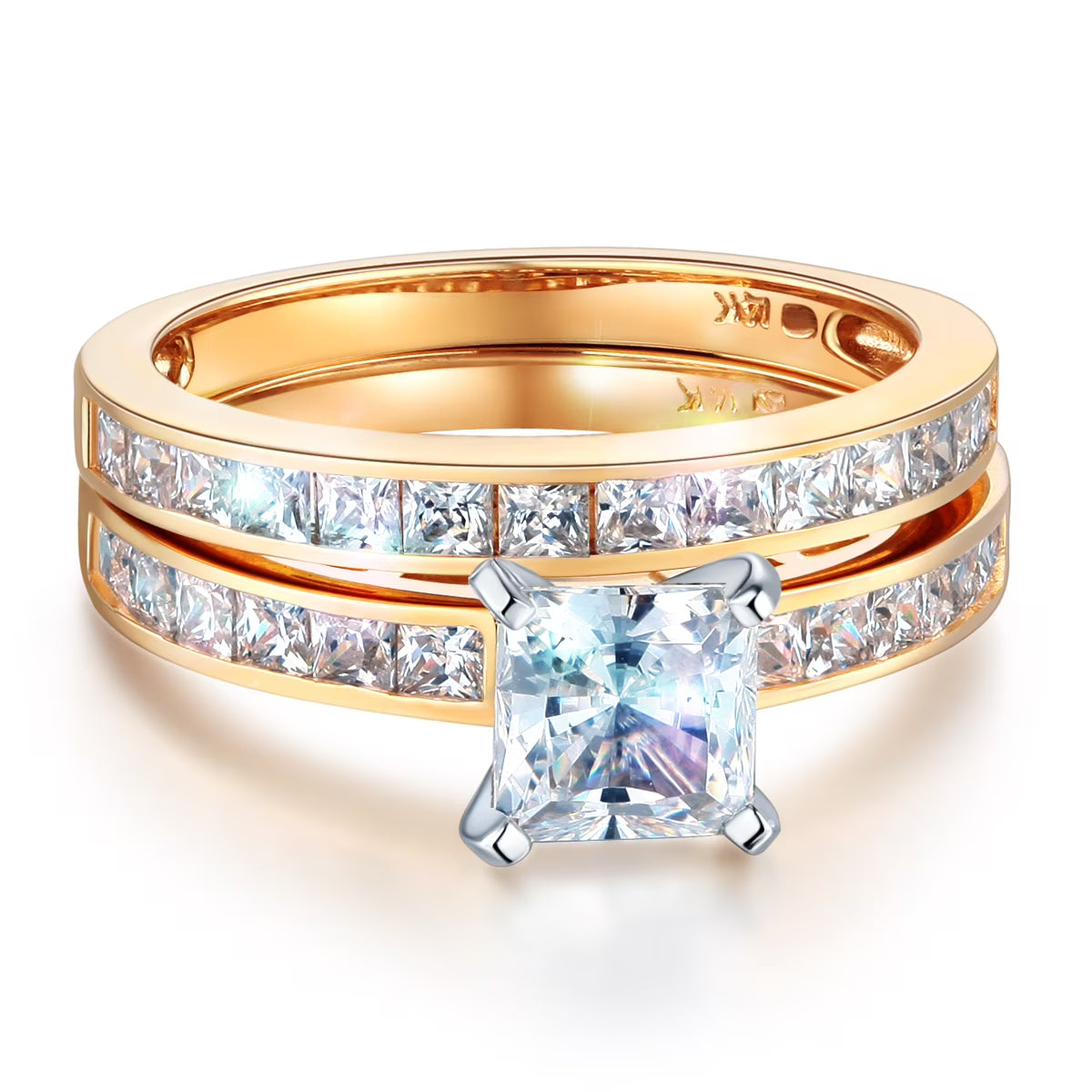 14k Yellow Gold CZ Princess Cut Engagement Ring Bridal Set - Size 9 D3016