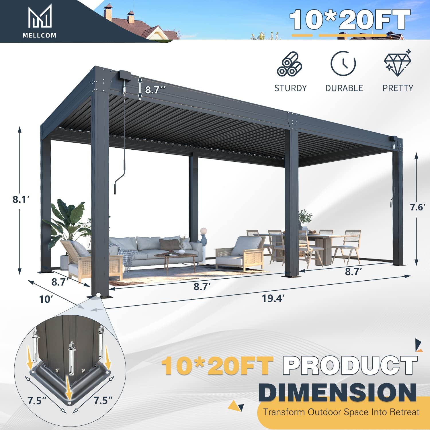 10'×20' Aluminum Louvered Pergola with 6-Panel Pull-Down Privacy Screen T4305