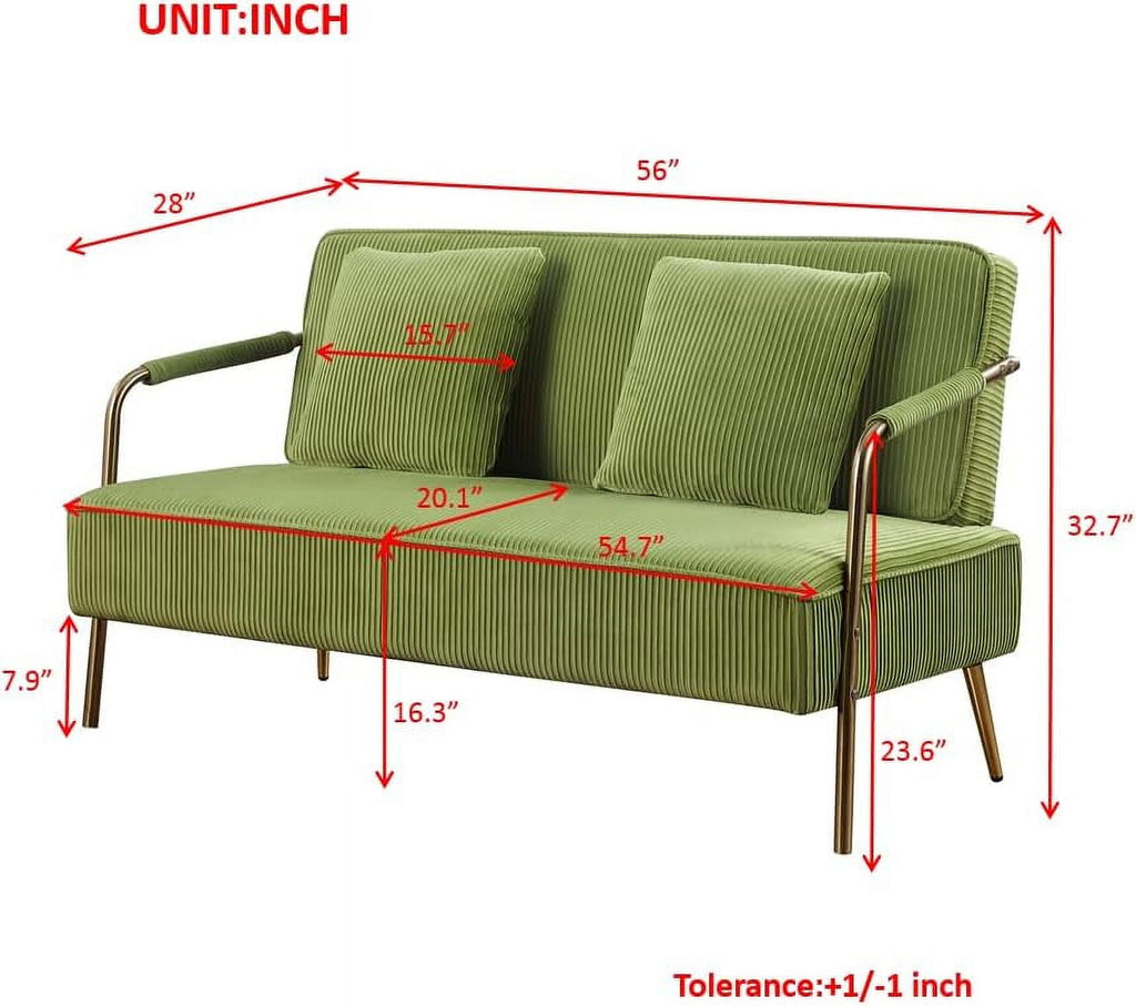 55" Pleated Velvet Loveseat Sofa with 2 Throw Pillows and Gold Metal Legs P70265