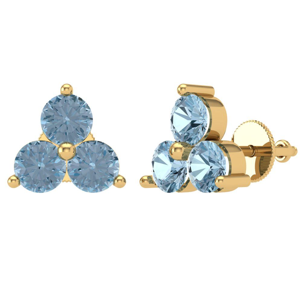 Yellow Gold Solitaire Stud Earrings, 3.0 Ct Round Cut Simulated Blue Diamond, 14K, Screw Back B80026