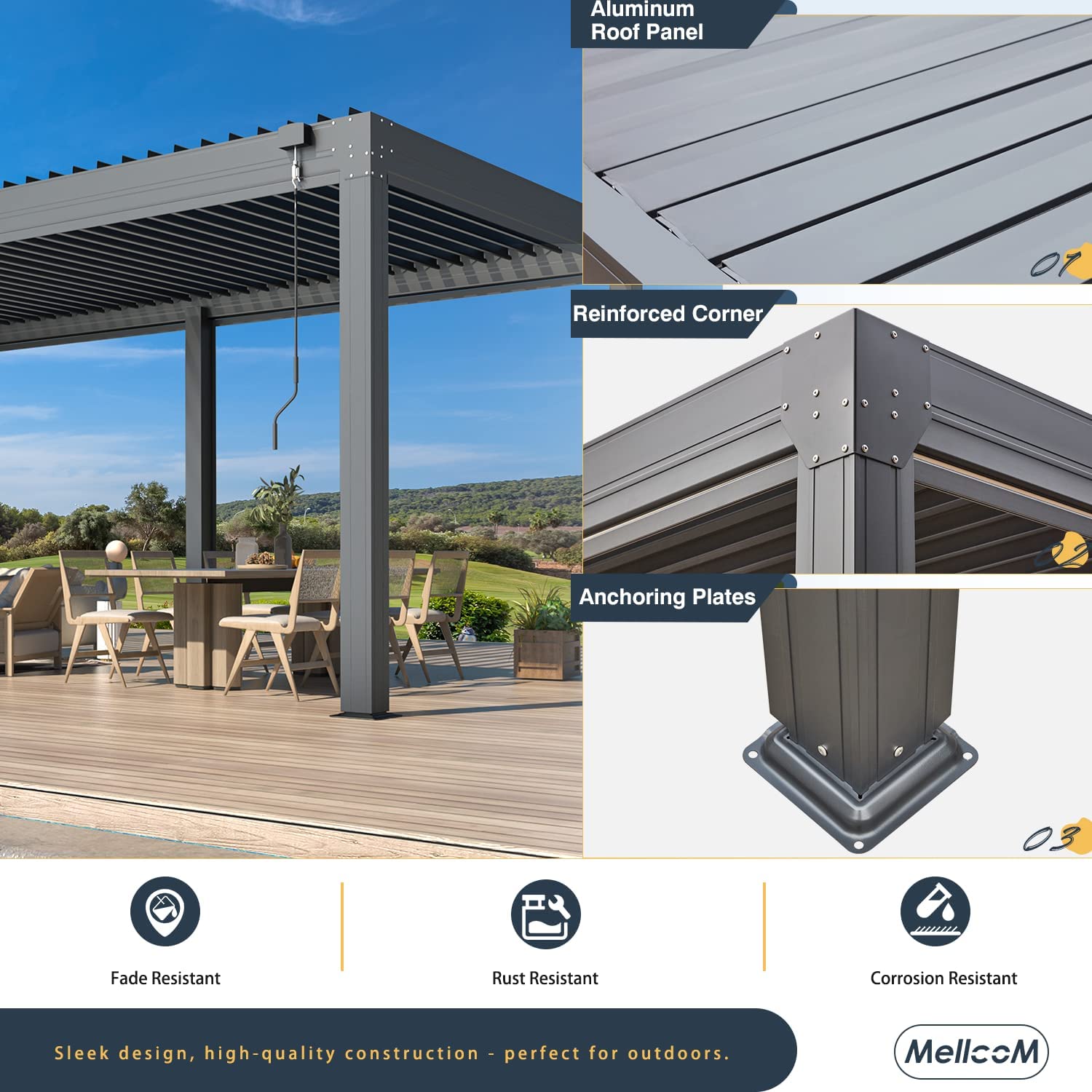10'×20' Aluminum Louvered Pergola with 6-Panel Pull-Down Privacy Screen T4305