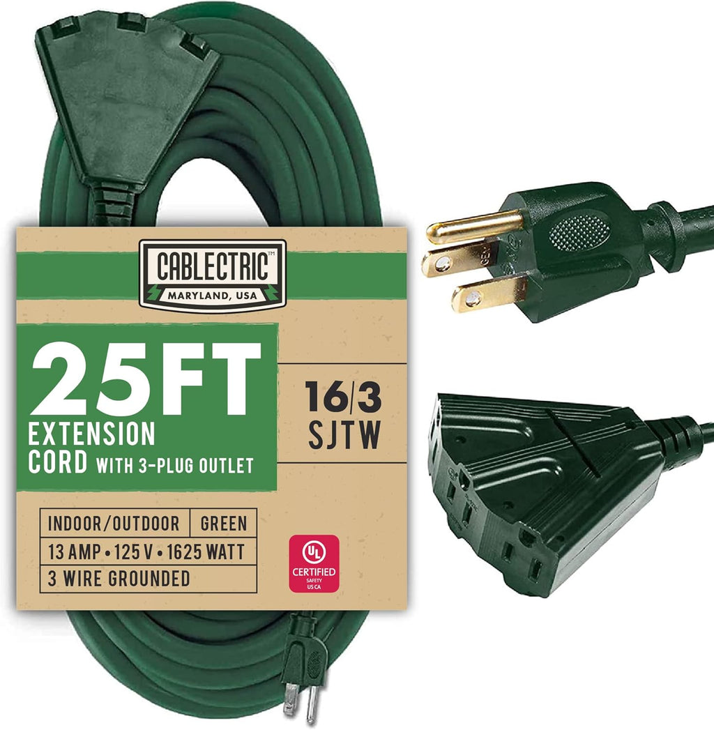 50 Ft Outdoor Extension Cord with 3 Power Outlets, 16/3 SJTW Heavy Duty Yellow Lighted Cable H835