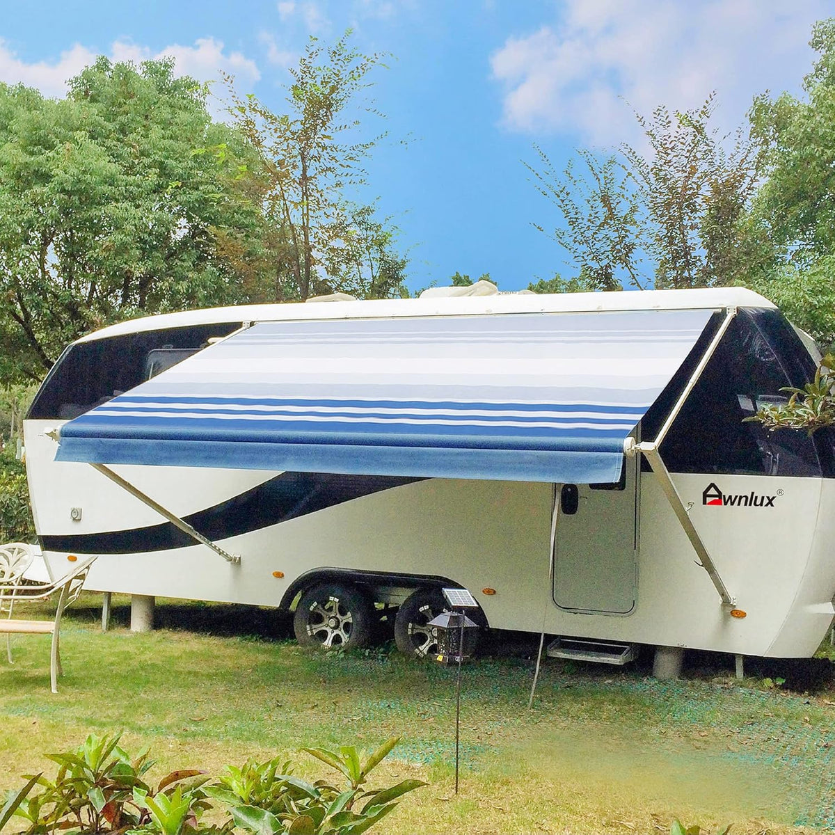 White Manual Modular Retractable RV Awning Full Set Assemblies, 15x8 Ft, Blue Strip T677